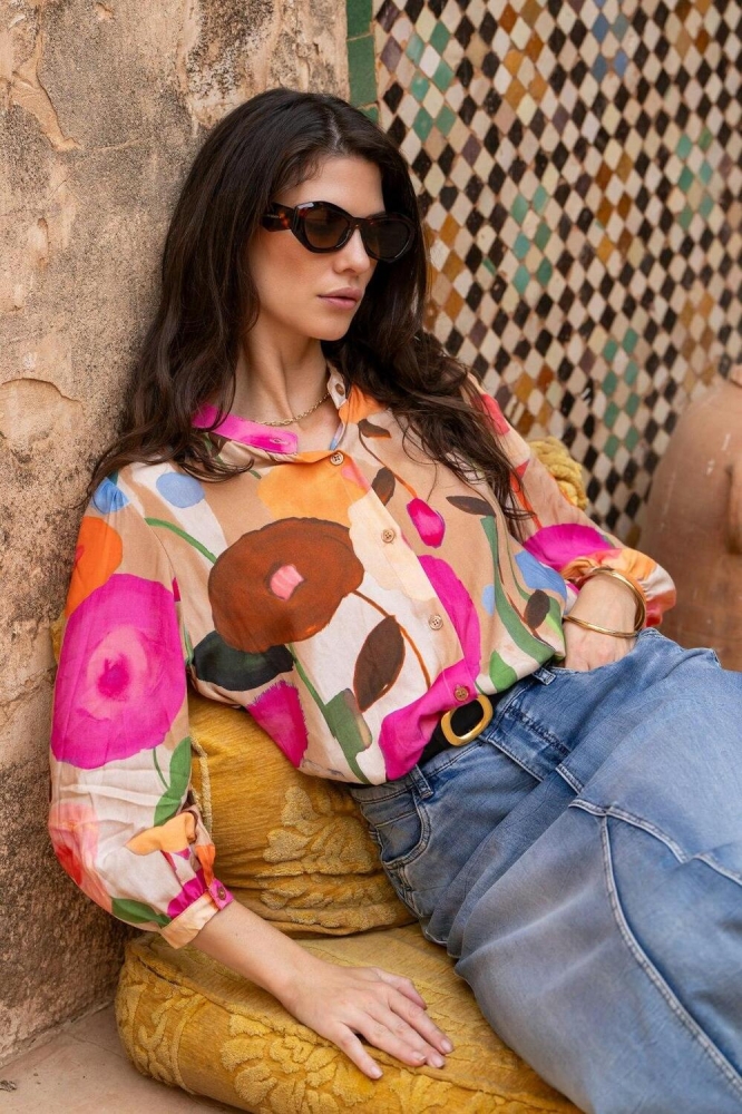 ABSTRACTE PRINT BLOUSE 53162 70 SAND/ORANGE/BLUE/GREEN